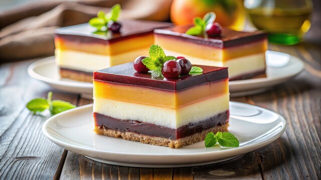 A photo of two slices of multilayered mousse cake with fruit jelly and chocolate resting on a pristine white plate, the frothy layers glistening in s