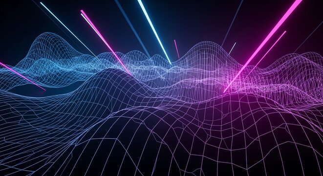 Futuristic Digital Wave with Neon Light Effects and Grid Pattern.