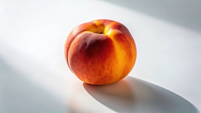 A photo of an empty with a single peach on a white background, showcasing the fruits natural beauty and simplicity