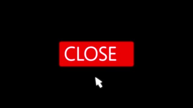 Bright glowing red close button animation with smooth cursor click effect on black background. Ideal for modern UI/UX design, web interaction visuals, and seamless loop motion graphics.
