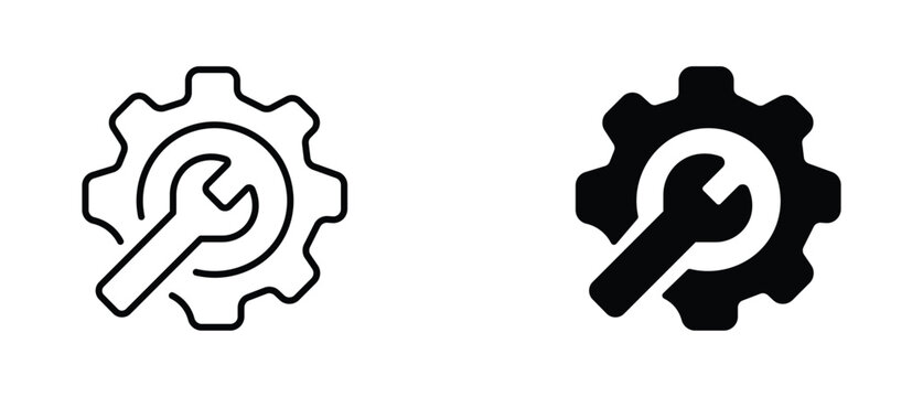 Minimalist gear and wrench icons, industrial settings and repair service symbols, black outline and solid vector set for technical support and maintenance