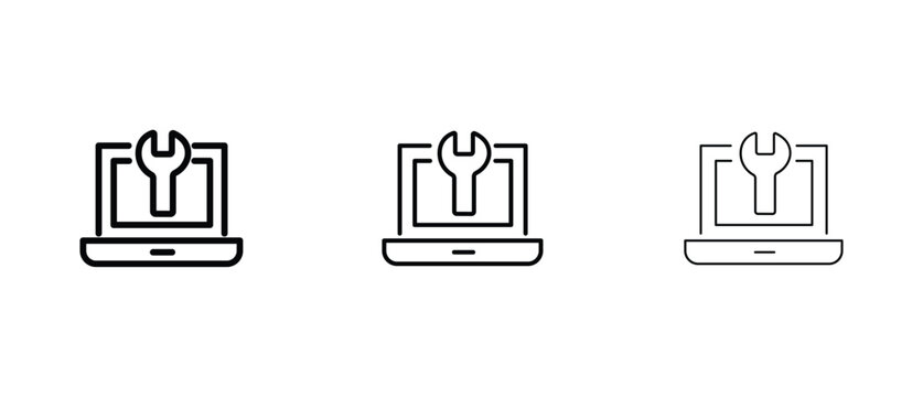 Computer repair line icons set, laptop maintenance and technical support symbols, digital hardware service vector collection with wrench tool
