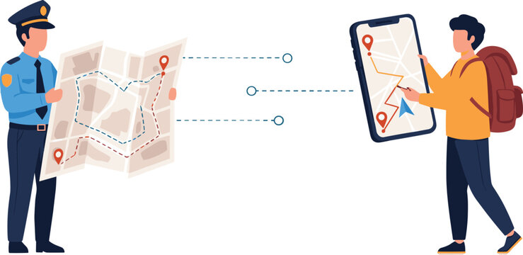 Navigation vector illustration with police officer and digital map