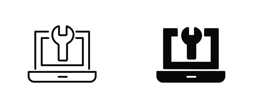 Laptop repair service icons, computer technical support symbols, notebook maintenance and hardware fix vector set, black line and solid style