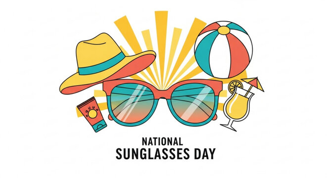 Colorful sunglasses straw hat beach ball drink and sunscreen celebrate national sunglasses day in a vibrant playful illustration with yellow light rays and bold text on a white