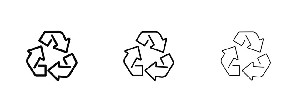 Recycle symbol vector set, minimalist black outline recycling icons, eco-friendly environment sign collection with varying line weights