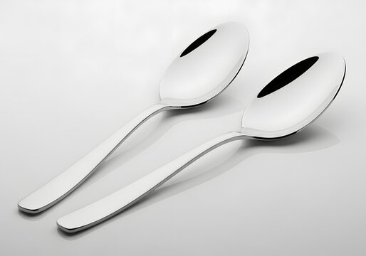 Two gleaming silver serving spoons with gracefully curved handles are artfully positioned on a subtly illuminated grey surface, reflecting light with a polished finish