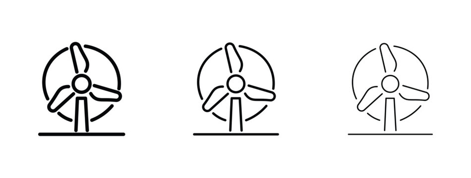 Wind turbine icon set in thin line style, renewable energy symbols for sustainable power, eco friendly wind farm vector illustrations