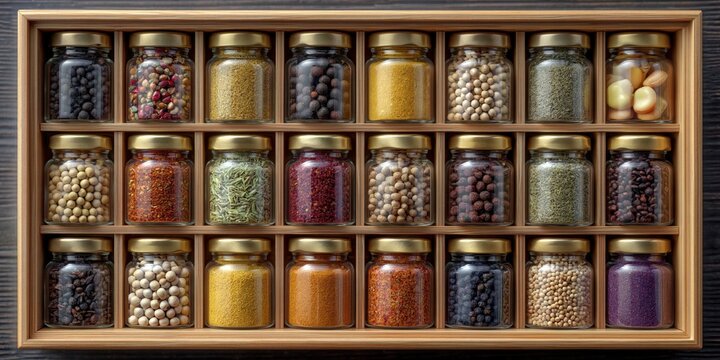 spice rack - jars of colorful and flavorful spices on shelving