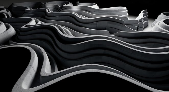 Abstract black and white layered paper art with flowing curves and shadows.