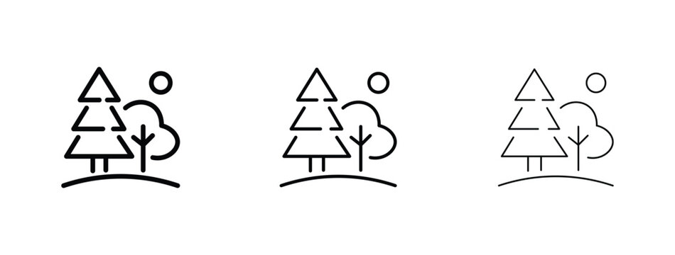 Minimalist forest line icon set, modern pine and deciduous tree symbols, outdoor nature landscape vector graphics for environmental branding