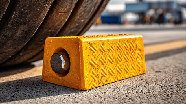 Bright yellow rubber chock tight against aircraft main tire, contrasting rough texture and concrete under strong daylight for ground safety gear