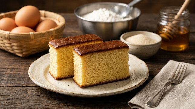 Japanese kasutera or castella sponge cake slices on a plate with ingredients at background