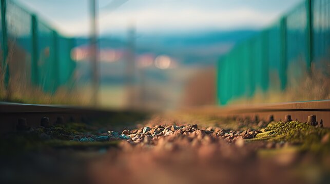 Railway ballast stretching to horizon in morning glow, side fences softened and blurred, atmospheric perspective enhancing spatial layers