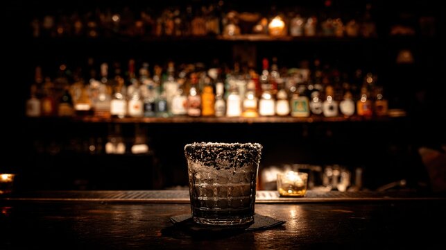 Smoky bar counter with mezcal glass and salt crystals on rim, atmospheric lighting for intimate moody setting