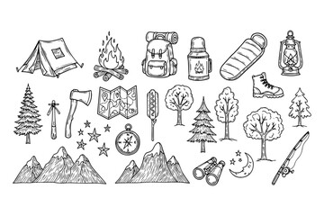 Hand drawn camping icons set, black and white outdoor adventure doodles, 25 nature and hiking elements, rustic forest exploration sketches © Creative Wings