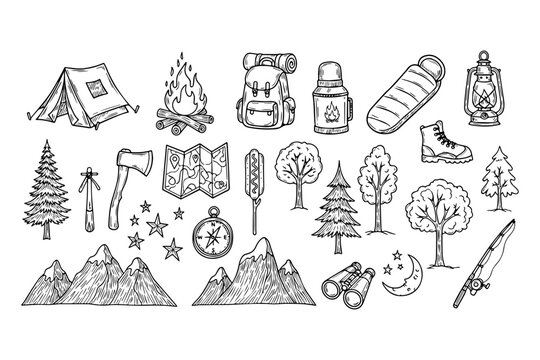 Hand drawn camping icons set, black and white outdoor adventure doodles, rustic nature hiking elements for forest exploration and wilderness travel