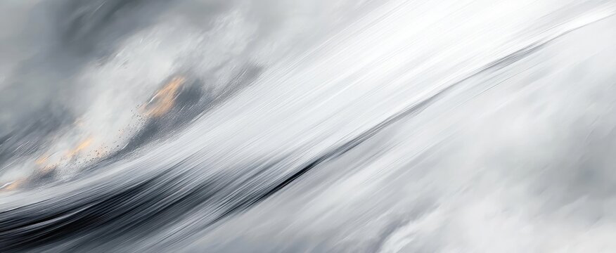 Dramatic sweeping silver-gray clouds and mist in diagonal motion with flowing streaks and a subtle warm orange glow, evoking restless energy and ethereal atmosphere