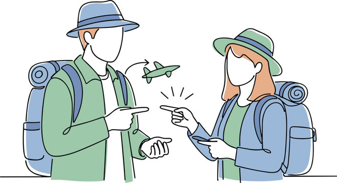 Travel vector illustration with backpackers and airplane planning symbol