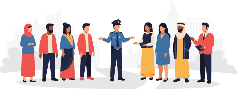 Community interaction vector illustration with police officer and citizens