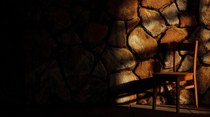 Fototapeta premium Stone-walled room with single light beam on wooden chair, dramatic shadows, atmospheric cinematic composition