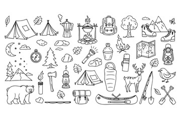 Fototapeta premium Hand drawn camping icons set, black and white outdoor adventure doodles, wilderness equipment and forest wildlife illustrations for hiking and travel