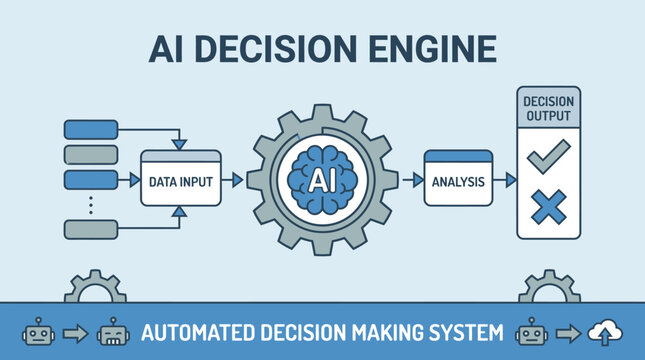 Automated system illustrates AI decision making process with gear and data flow