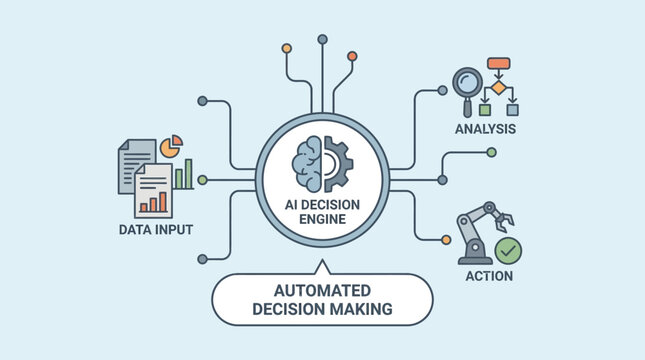 Automated decision making process with AI engine analyzing data and taking action