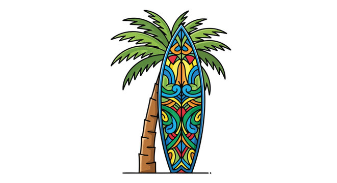A colorful surfboard leaning against a palm tree