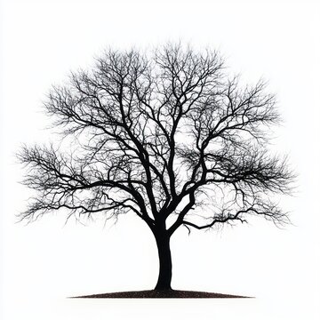 Solitary leafless tree silhouette with sprawling bare branches on a stark white background, evoking quiet solitude and calm