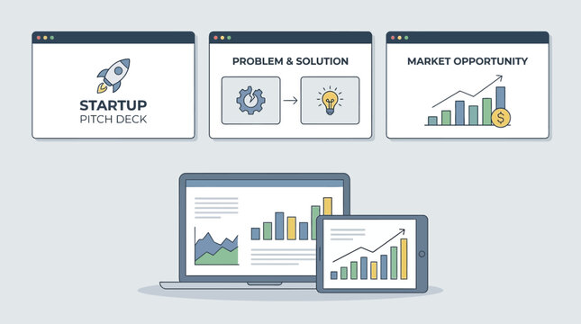 Startup pitch deck displayed on multiple devices with graphs and charts