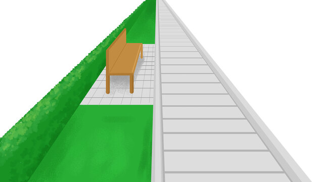 One point perspective illustration of an empty wooden bench in a public park side view with hedge and sidewalk