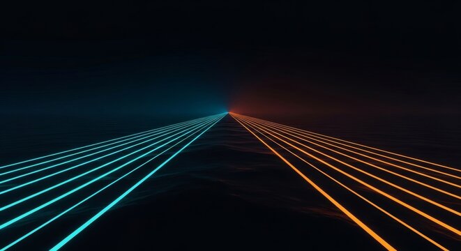 A vast and empty horizon stretches infinitely into a dark abyss where parallel lines converge, creating a flattened and somber atmosphere, vastness, vanishing point, horizon