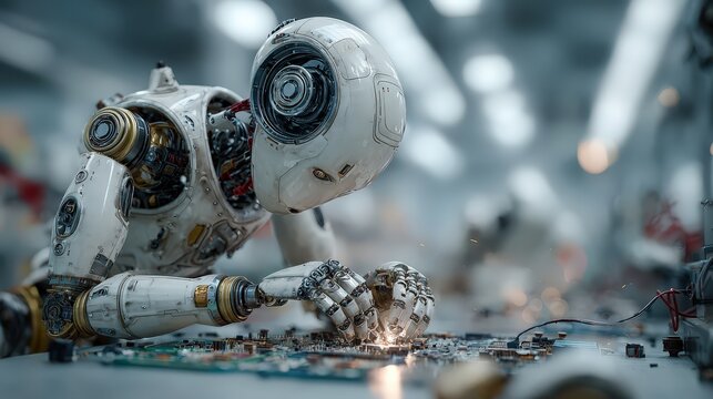 Robot Microtechnician Adjusting Delicate Circuitry With Fine Manipulators, Magnified View Of Tiny Components And Precise Tooltips Under Bright Inspection Lights, Sterile Bench And Focused Sensors
