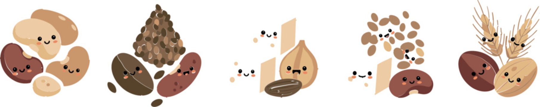 Cute Grain and Legume Characters Vector Set Featuring Beans, Seeds, Wheat and Organic Food Mascots in Flat Cartoon Style