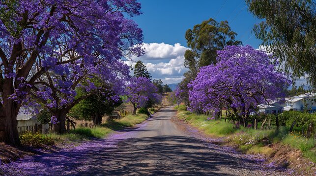 Blooming purple jacaranda trees lining a rural dirt road in spring sunshine