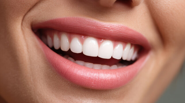 Close up smiling mouth with healthy teeth and pink lip, dental hygiene concept with clean white tooth and soft skin