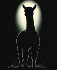 Fototapeta premium Backlit silhouette of a standing alpaca with glowing rim light, soft fur outline, grassy foreground, calm and mysterious mood
