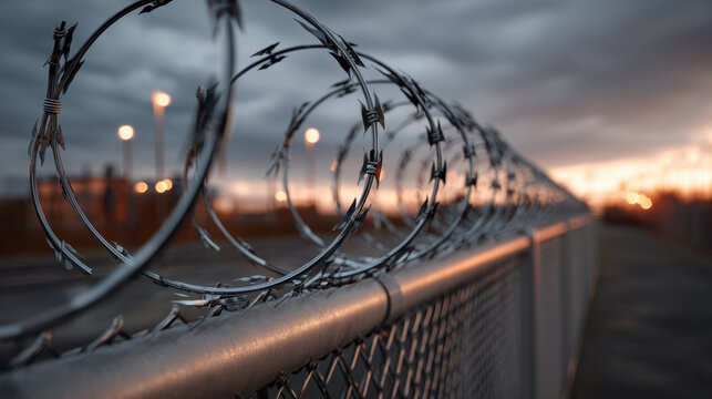 Barbed wire fence close up security barrier industrial perimeter metal mesh fence dusk sky outdoor protection restricted area sharp wire high security sunset light barrier wire fence mesh metal
