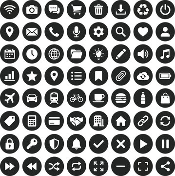 Set of sixty four black round web and mobile interface icons including navigation social media and technology symbols for digital design