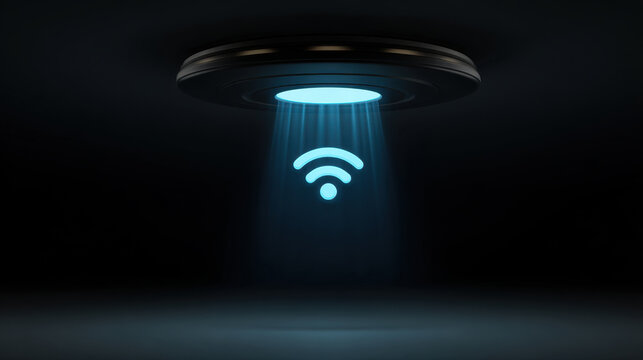 Glowing ceiling light with wireless signal icon in dark room, futuristic technology concept