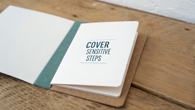 Minimalist Notebook Featuring Cover Sensitive Steps for Creative Projects and Personal Reflections on Rustic Wooden Table with Natural Lighting