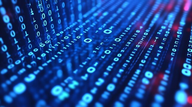 Abstract blue binary code background with depth of field. Software development, coding, and encryption security concept.