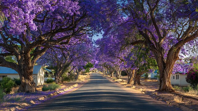 Vibrant purple jacaranda trees framing a sunny suburban road in spring