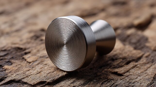 Modern brushed metal cabinet knob resting on a rustic wood surface.