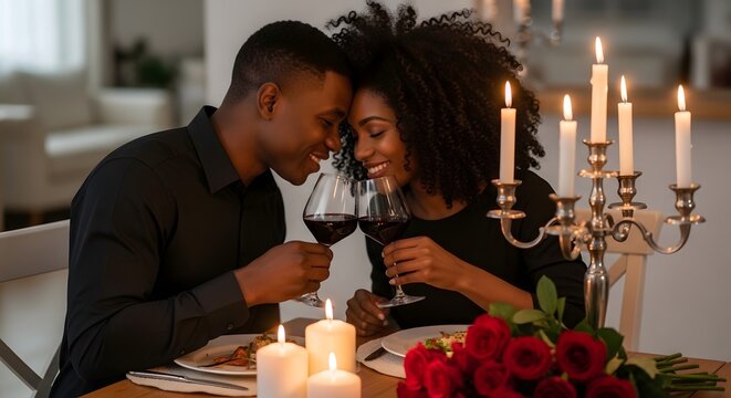 Romantic couple having a candlelit dinner with red wine and roses