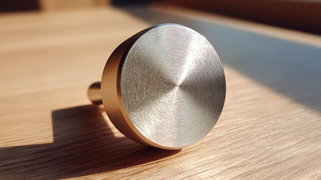 A close up view of a circular brushed metal cabinet knob sitting on a wooden surface.