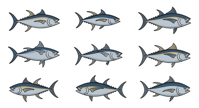 A captivating collection of cartoon-style tuna fish illustrations, showcasing the popular marine creature for themes related to seafood, ocean life, and aquatic culinary designs