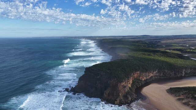 Princetown Beach, Victoria, Australia: 4K aerial drone footage of Gellibrand River mouth, sandy beach, ocean waves, forest, cliffs and coastal landscape.