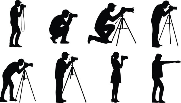 Photographer silhouette set featuring men and women with cameras and tripods in various poses vector illustration isolated,